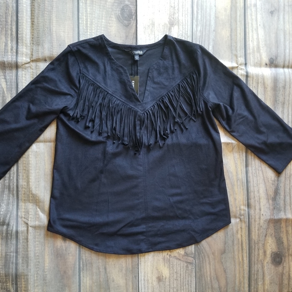 Express Black Suede Fringed Shirt Size Small New